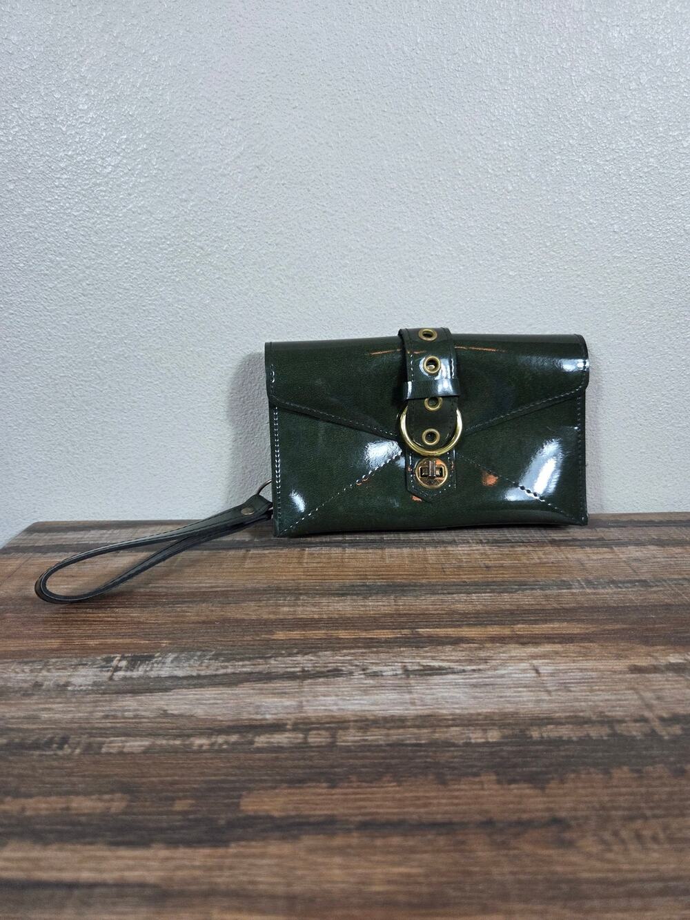 Mc Duff Vintage Green Patent PU Wristlet with Gold Hardware